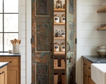 Antique Carved Double Door Panels | Rustic Modern Farmhouse Green Patina Barn Doors 80x32
