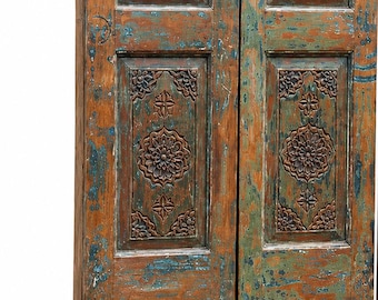 Antique Teak Door Panels | Distressed Patina | Hand-Carved Floral Double Barn Doors 80x32