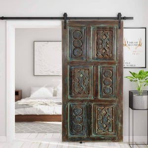Floral Carved Reclaimed Wood Barn Door: Vintage Farmhouse Style Doors 80x36