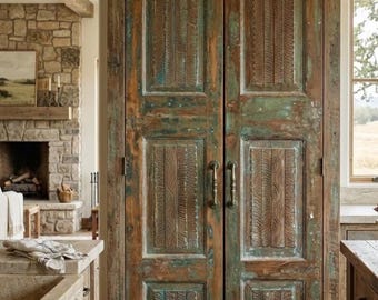 Vintage Carved Wood Double Doors Distressed Patina Pantry Barn Doors (80x32)