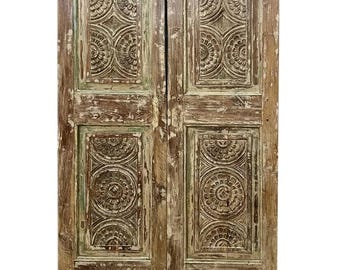 Artistic Carved Barn Door| Solid Wood Door | Vintage Whitewash Door | Custom | Rustic Charka Floral Farmhouse Interior Double Door 80x43in