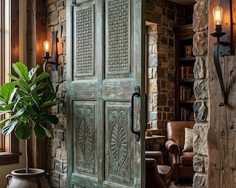 Antique Carved Wood Barn Door | Rustic Blue Distressed Floral Door Panel 80x38.25