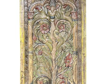 Tree Of Life Door Hand Carved Door Interior Barn Door Wall Sculpture Vintage Indian Carving Custom Artisan Barndoor 84x41in