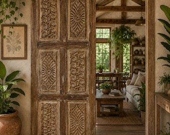 Antique Floral Single Wooden Door: Barn Door Panel, Hinged or Sliding Doors 82x32