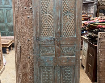 Antique Carved Wood Single Door: Dusty Blue Patina Modern Hinged or Barn Door 80x28