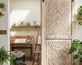 Vintage Lotus Mandala Carved Solid Wood Door | Rustic Farmhouse Hinged or Sliding Barndoors, 96x36