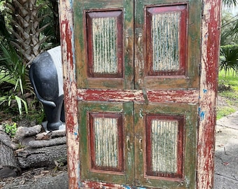 Antique Carved Fluted Front Armoire: Vintage Reds & Green Solid Wood Farmhouse Cabinet