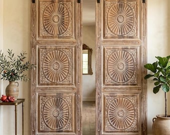 Antique Carved Sunburst Doors – Old World Farmhouse Solid Wood Barn Doors 80x34