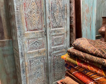 Antique Carved Wardrobe Armoire: Distressed Reclaimed Wood, Floral Boho Style