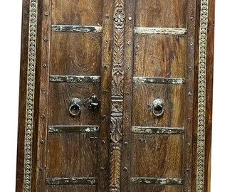Antique Arched Carved Teak Double Door Panel | Boho Barn Door with Rustic Accents | Vintage Statement Wall Decor | Rustic Farmhouse 81x40in