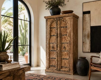 Vintage Inspired Arched Door Cabinet | Tall Limewashed Farmhouse Armoire | Rustic Storage Cabinet 80x33