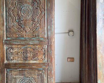 Vintage Bohemian Floral Hand Carved Door Reclaimed Solid Wood Vintage Maximalist Wall Art Single Interior Door Decorative Barn Door 84x36