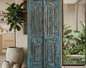 Antique Carved Wardrobe Armoire: Rustic Farmhouse Solid Wood Turquoise Cabinet 83x38