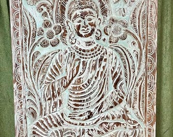 Vintage Blue Buddha Hand Carved Wall Art Panel Interior Barn Door Wall Sculpture Indian Carving Custom Artisan Barndoor 83x36in