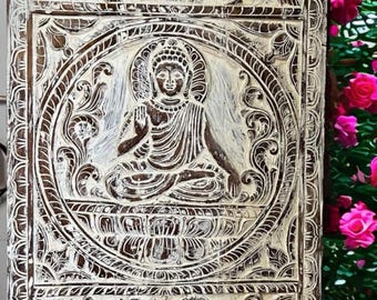 Blessing Buddha Carved Door Wall Sculpture Artisanal Hand Carved Barn Door Authentic Solid Wood Vintage Temple Yoga Studio Door 83x36in