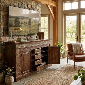 May include: A dark brown wooden sideboard with intricate carved detailing along the top edge, featuring four stacked drawers on the left and a cabinet door on the right. The sideboard is positioned against a stone wall beneath a television.
