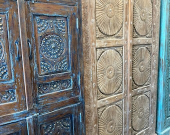 Antique Carved Cabinet | Rustic Farmhouse Whitewash Wooden Storage Wardrobe Armoire 84x47