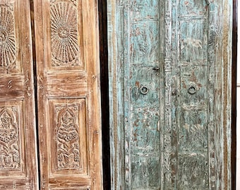 Antique Arched Indian Teak Doors Distressed Blue Farmhouse Double Doors 81.5