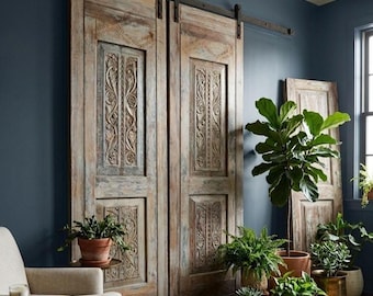 Antique Carved Wood Home Office Entry Doors Gray Blue Rustic Modern Floral Barn Doors 96X27