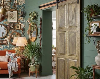 Vintage Brass Clad Carved Double Barn Doors | 96x36 Rustic Door Panel | Antique Indian Door