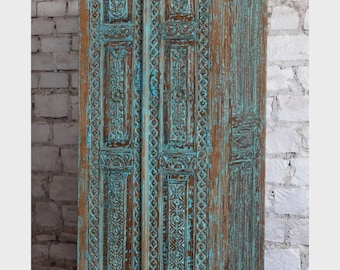 Antique Blue Armoire Floral Carved Wood with Brass Accents Wardrobe Cabinet 83