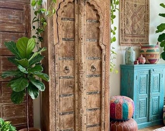 Antique Arched Door Armoire Limewashed Rustic Solid Wood Cabinet –Farmhouse Storage Cupboard 80x33
