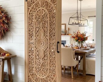 Vintage Carved Wood Barn Door | Lattice Carved Lotus Garden Decorative Door Room Divider | 80x36 | Farmhouse Decor