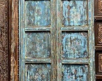 Antique Arched Painted Double Door: Rustic Wood Distressed Blue Entry Doors (96x44in)