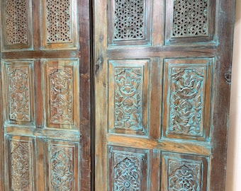 Vintage Carved Blue Lotus Lattice Doors: Rustic Wood Farmhouse Sliding Barn Doors (80x36)