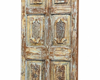 Antique Carved Single Door | Distressed Floral Geometric Indian Teak Barn Door 80x26