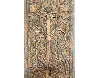 Vintage Hand Carved Wall Art Reclaimed Wood Tree of Life Barn Door - 96x40 in