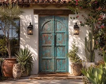 Antique Indian TEAK Doors Turquoise Arched Jaipur Haveli Exterior Doors, 87x46