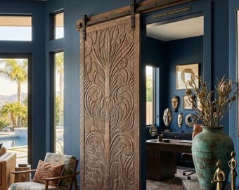 Vintage Boho Tree of Life Carved Wood Wall Art – Decorative Carved Wooden Barndoor (84x36)