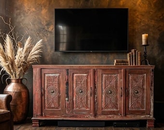Antique Artsy Russet Sideboard Buffet : Carved TEAK Wood TV Credenza Cabinet with Brass Studs 69x36