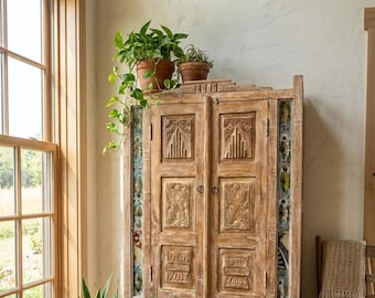 Antique Hand Carved Armoire Cabinet, Boho Tile Wardrobe, Rustic Wooden Storage Furniture 45x34