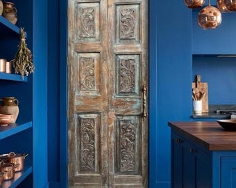 Antique Carved Wood Doors Blue Patina Boho Pantry Closet Barn Doors 80x27.5
