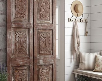 Antique Double Doors: Hand-Carved Reclaimed Wood Floral Panels 80x35