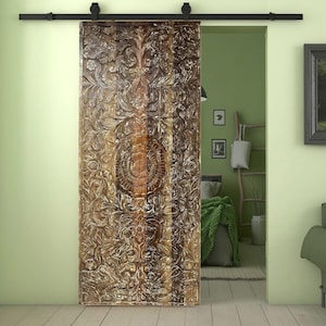 Lotus Carved Barn Door: Rustic Boho Wall Art, Reclaimed Teak (80x36