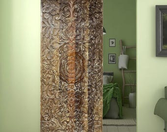 Lotus Carved Boho Door Wall Art Floral Accents Customized Vintage Barn Door Rustic Brown Painted Statement Home Office Library Door 80x36