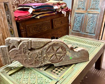 Antique Coffee Table Carved Wood Jharokha Rustic Green Vintage Accent Indian Furniture 49x26