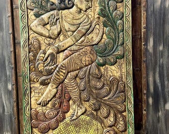 Dancing Krishna in Peacock Plumes Carved Wood Wall Art: Vintage India Yoga Decor, 83x36in