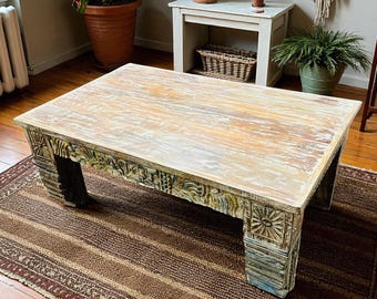 Vintage Reclaimed Wood Coffee Table: Hand-Carved Accent Chai Table (46in)