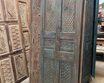 Antique Carved Wood Single Door: Dusty Blue Patina Modern Hinged or Barn Door 80x28
