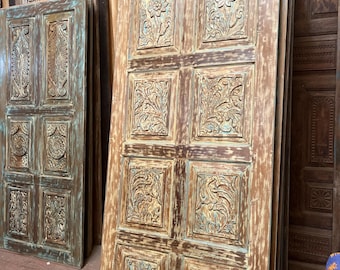 Lotus Carved Reclaimed Wood Door: Vintage Home Decor Floral Entry 80x36in