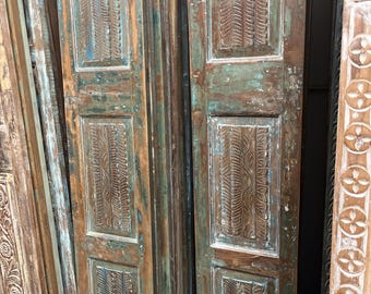 Vintage Carved Wood Double Doors Distress Blue Sliding Barn Doors (80x32)