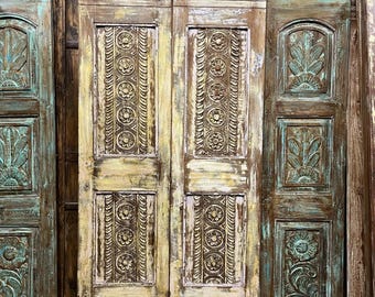 Antique Hand-Carved Teak Double Doors | Boho Barn Door with Rustic Yellow | Vintage Statement Pantry Closet Door | Rustic Farmhouse 80in