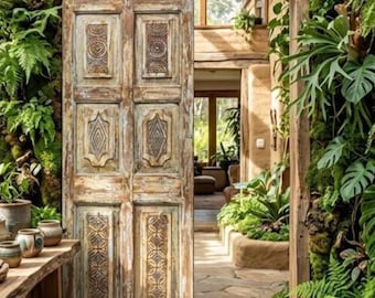 Antique Carved Single Door | Distressed Floral Geometric Indian Teak Barn Door 80x26