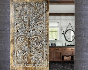 Tree Of Life Door Hand Carved Door Interior Barn Door Wall Sculpture Vintage Indian Carving Custom Artisan Barndoor 84x41in