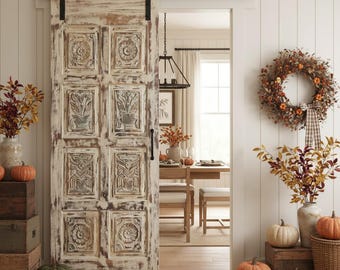 Antique 8 Panel Carved Wood Door | Custom Size Sliding or Hinged Door | Sand-Washed Floral Door | 80x36 | Farmhouse Decor