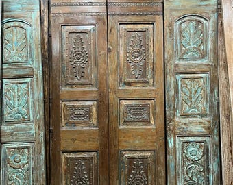 Antique Hand-Carved Teak Double Doors | Boho Barn Door with Rustic Accents | Vintage Statement Pantry Closet Door | Rustic Farmhouse 80X33in
